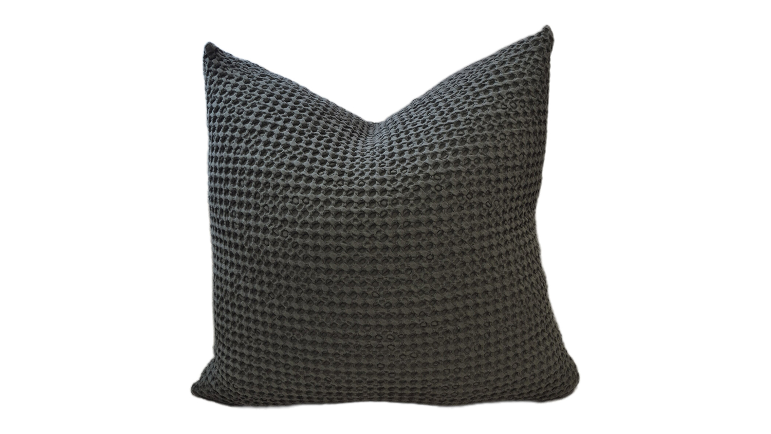 Soft gunmetal-coloured cushion with a feather-filled interior, featuring a textured surface and waffle-like pattern